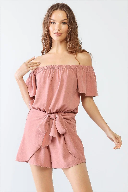 Cycling Short Sleeve TopsDusty Peach Off-The-Shoulder Short Sleeve Front Bow Romper /3-1