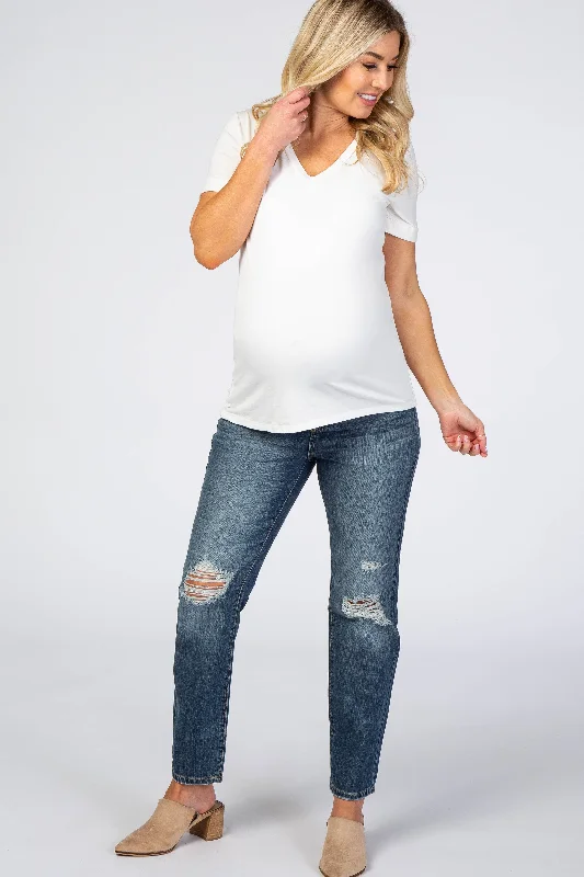 CroptopstretchMedium Wash Relaxed Maternity Cropped Jeans