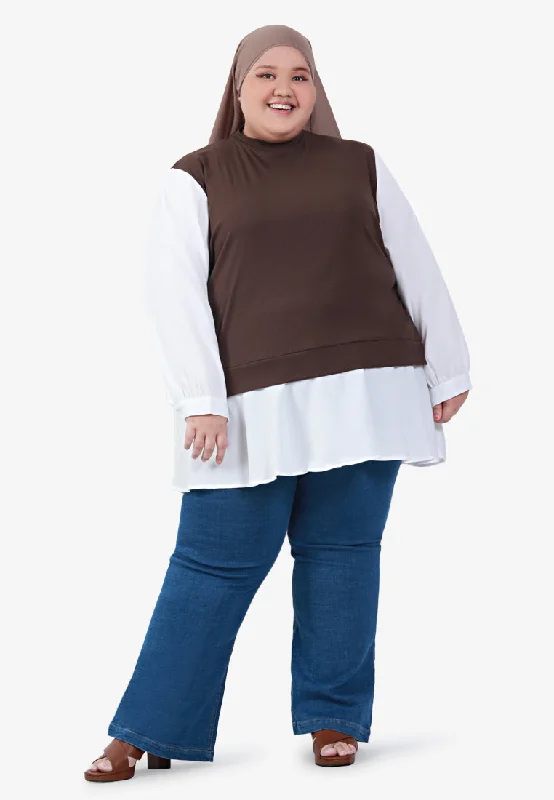 CrewneckcryptoHitomi Crew Neck Fake Two Piece Blouse - Brown