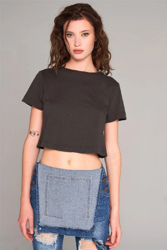 CroptophistoryCharcoal Short Sleeve Round Neck Petal Split Back Detail Crop Tee /1-2-2-1