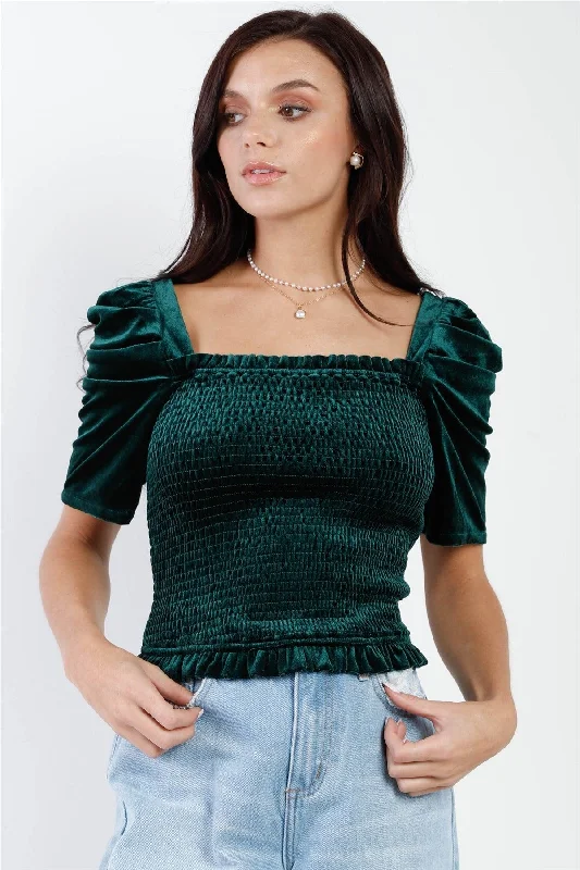 Lounge Short Sleeve TopsGreen Velvet Smocked Puff Draped Short Sleeve Top /2-3-1