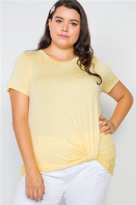 Outdoor Short Sleeve TopsPlus Size Yellow Solid Front-Twist Short Sleeve Top /2-2-2