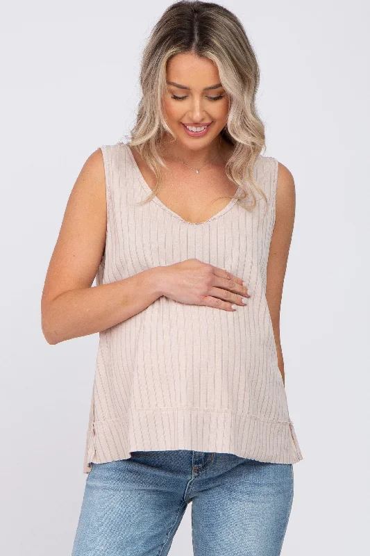 Performance singletBeige Ribbed Raw Hem Maternity Tank Top