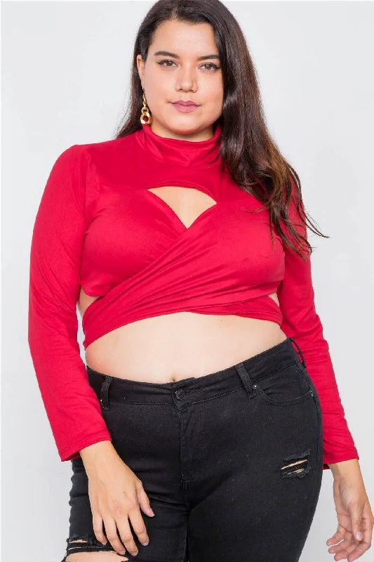 CroptoplookJunior Plus Size Red Suede Wrap Turtleneck Crop-Top