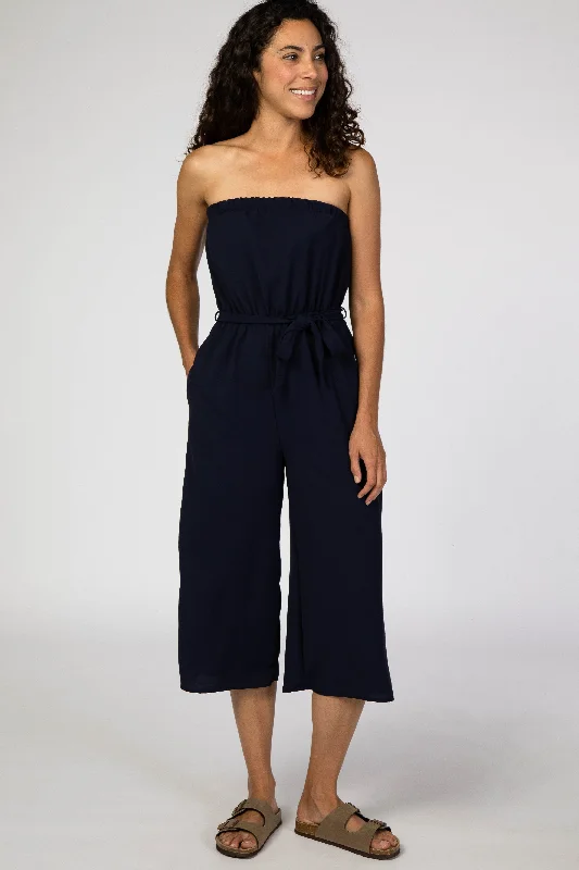 CroptopstretchNavy Blue Strapless Wide Crop Leg Jumpsuit