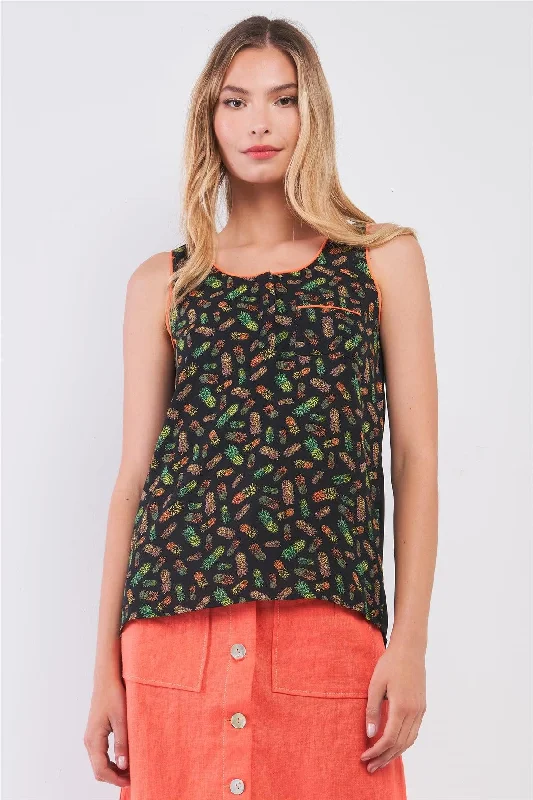 Athletic tankPineapple Paradise Black & Green Sleeveless Pineapple Print Single Pocket Detail Tank Top /1-2-2-1