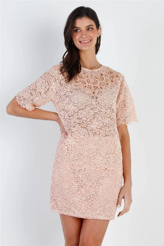 Printed Short Sleeve TopsMauve Lace Embroidery Detail Short Sleeve Semi-Sheer Top & Skirt Set /1-2-2-1