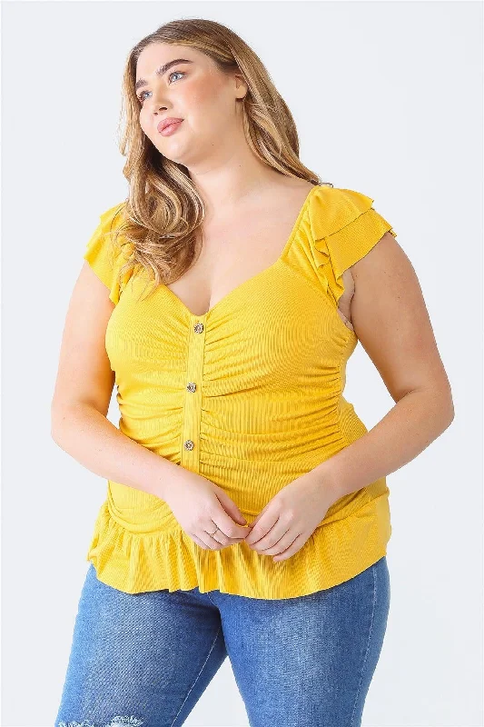 Punk Short Sleeve TopsJunior Plus Yellow Ribbed Button-Up Ruffle Short Sleeve Top /1-1-1