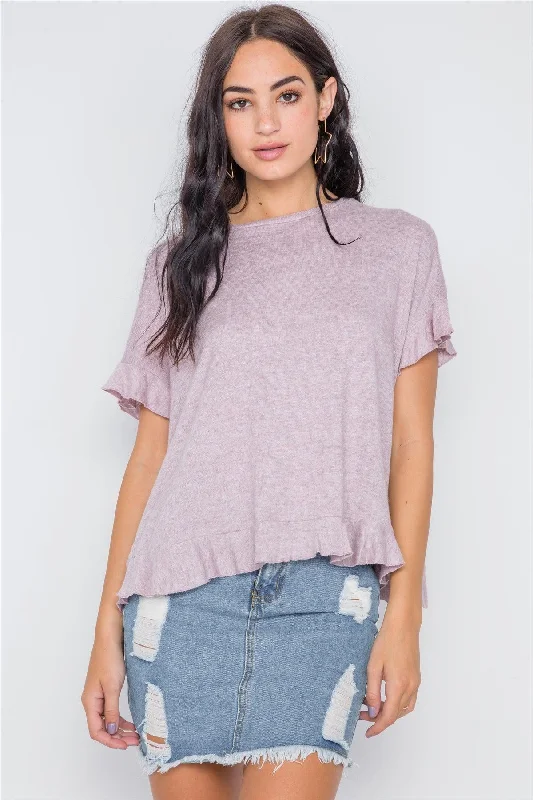 French Terry Short Sleeve TopsLavender Short Sleeve Surplice Back Ruffle Knit Top /3-3