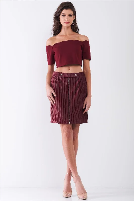 Sheer Short Sleeve TopsBurgundy Scallop Hem Off-The-Shoulder Short Sleeve Cropped Top /1-2-2-1