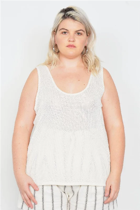 Hiking teeJunior Plus Size Sheer Ivory Ribbed Causal Tank Top /2-2-1-1