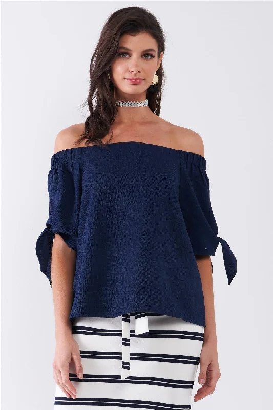 Reflective Short Sleeve TopsNavy Blue Off-The-Shoulder Self-Tie Short Sleeve Relaxed Top /1-2-2-1