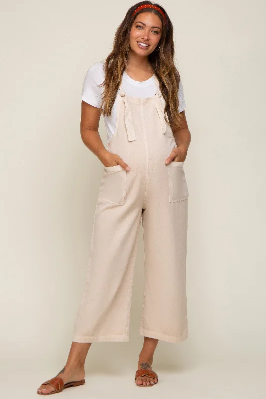 CroptopsilkBeige Front Pocket Cropped Maternity Overall