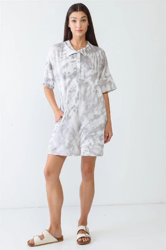 Velvet Short Sleeve TopsWhite & Grey Tie-Dye Collared Neck Button-Up Short Sleeve Romper /3-3