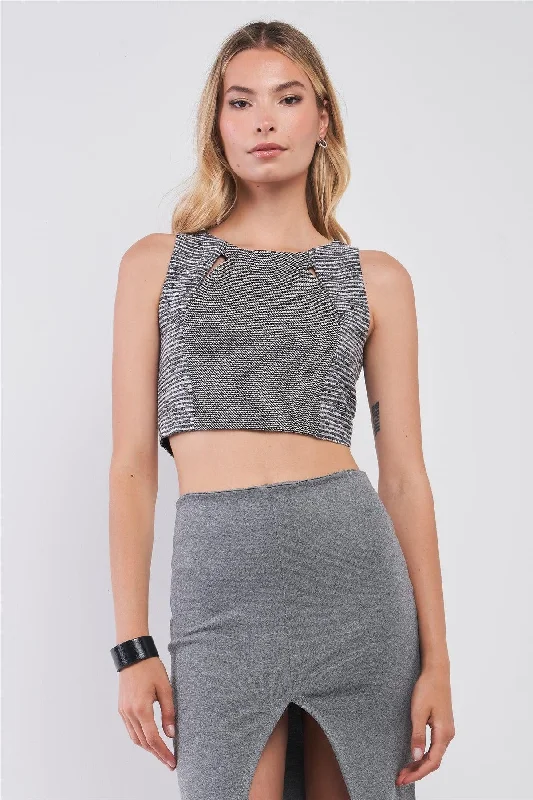 CroptopaumentedGrey & Black Tweed Glitter Weave Sleeveless Crew Neck Cut-Out Crop Top /3-2