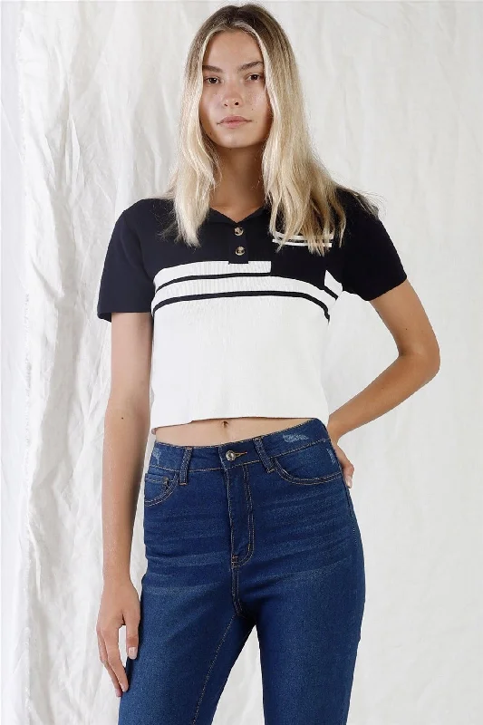 Band Merch Short Sleeve TopsNavy & White Color Block Crop Polo Short Sleeve T-Shirt /3-2-1