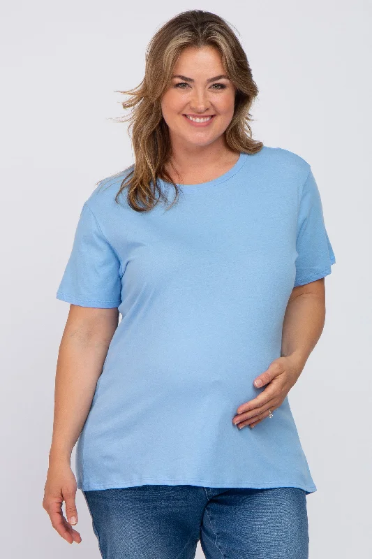 UV-Protection Short Sleeve TopsLight Blue Solid Short Sleeve Plus Maternity Top