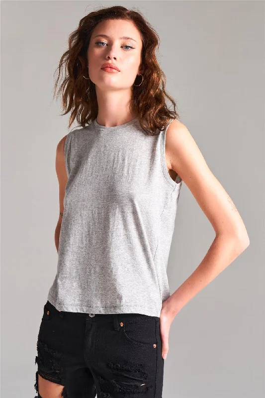 Gym vestHeather Grey Solid Sleeveless Round Neck Basic Tank Top