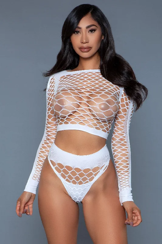 CroptopstartupLong Sleeve Fishnet Crop Top Set