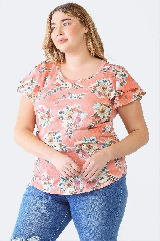 Designer Short Sleeve TopsJunior Plus Coral Floral Print Crew Neck Ruffle Short Sleeve Top /1-1-1