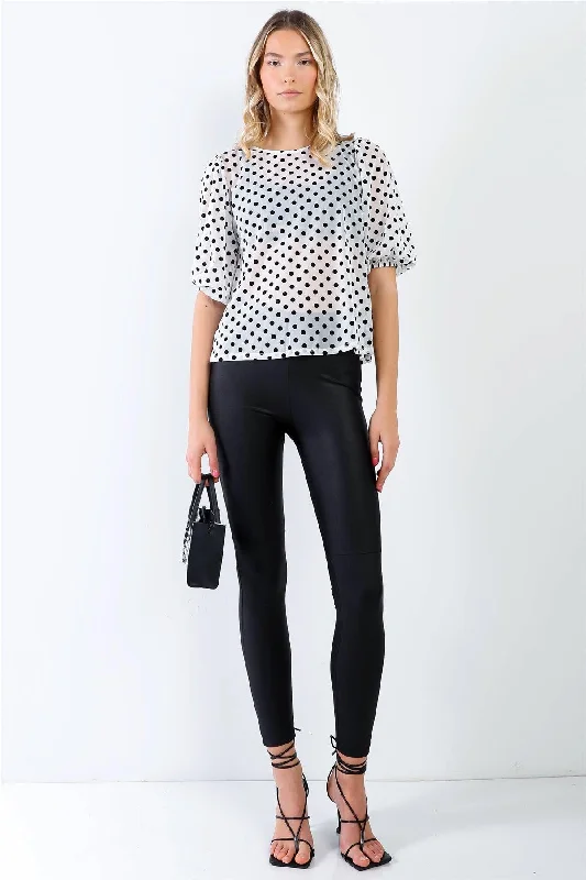 Distressed Short Sleeve TopsOff-White & Black Mesh Polka Dot Puff Balloon Short Sleeve Top /3-2-1