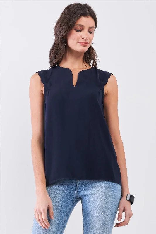 Trail jacketNavy Slit Neckline Scallop Hem Shoulder Detail Loose Fit Tank Top /2-3-1