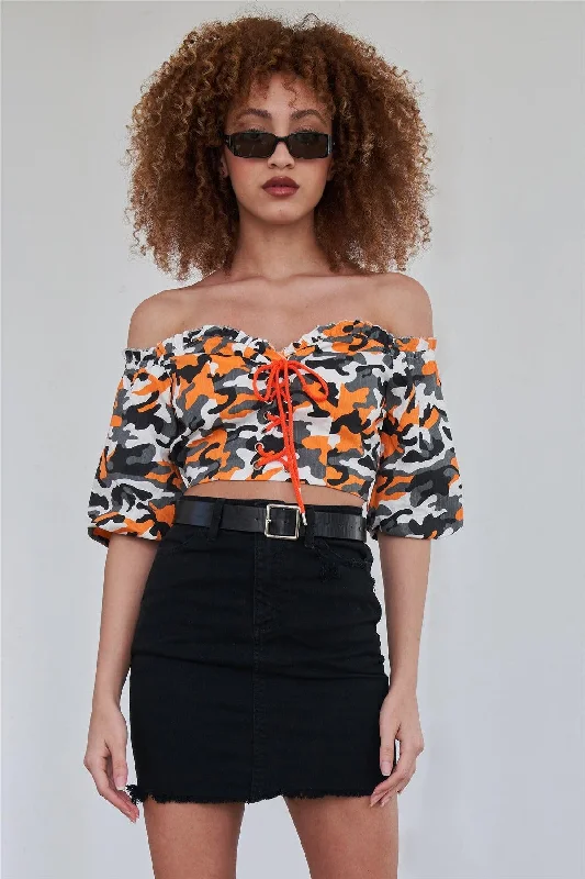 CroptopvrOrange Camouflage Off The Shoulder Mid-Length Puff Sleeve Crop Top