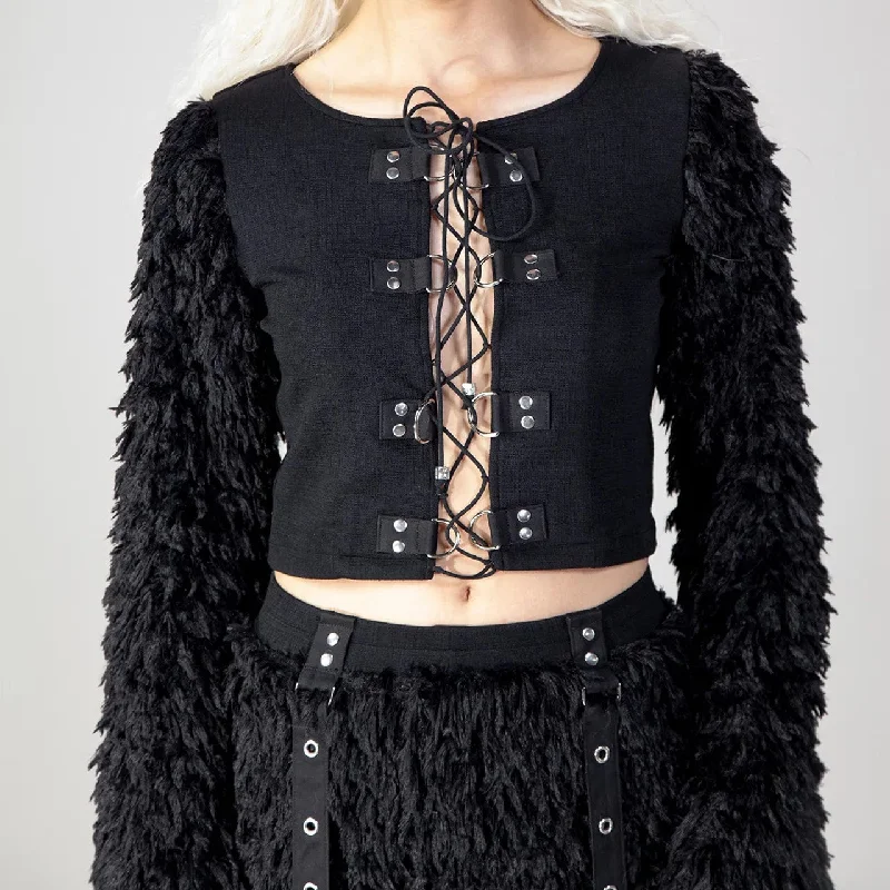 CroptopstyleWomen's Gothic Faux Fur Splice Lace-up Crop Top