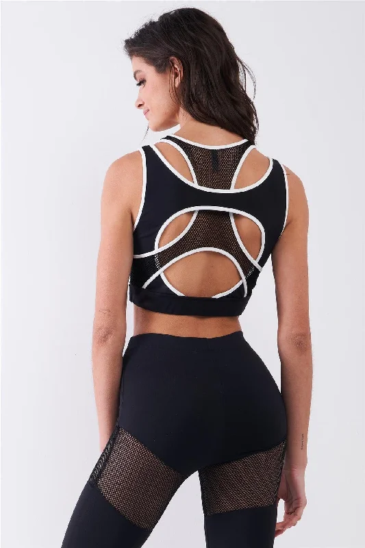 CroptopanalyticsBlack Combined Sheer Net Mesh Sleeveless Overlapping Racer Back Sports Bra Crop Top