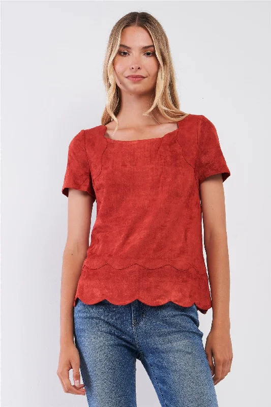 Casual Short Sleeve TopsRust Vegan Suede Short Sleeve Scallop Hem Top /1-2-2-1