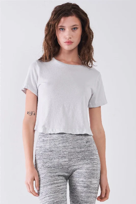 CroptopcollectorMoonshine Grey Short Sleeve Round Neck Petal Split Back Detail Crop Tee