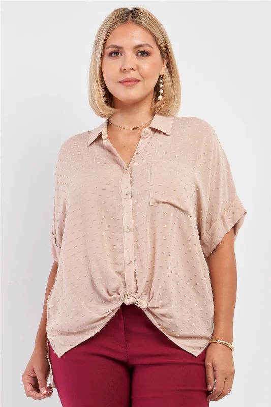 Embroidered Short Sleeve TopsJunior Plus Taupe Short Sleeve Knit Bead Self-Tie Front Detail Button Down Top /3-2-1