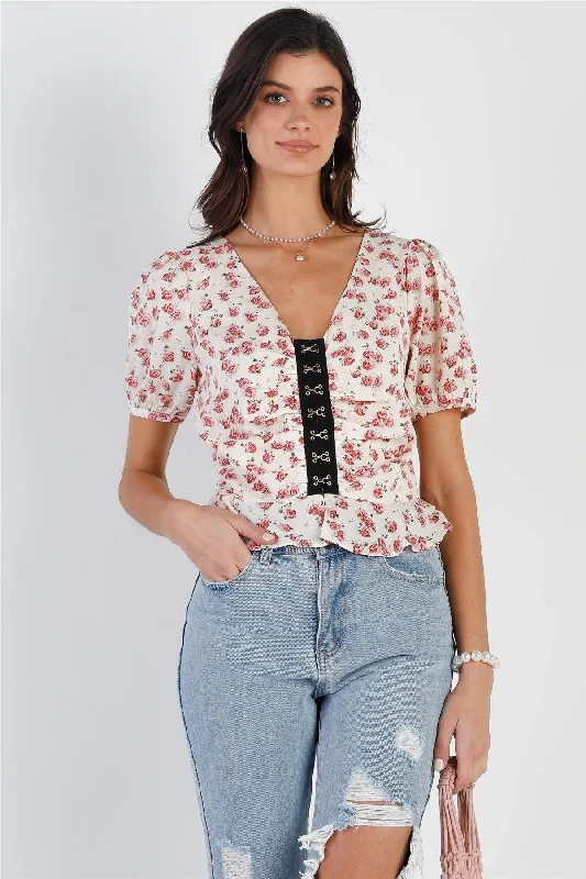 Branded Short Sleeve TopsIvory Rose Print Front Contrast Hook & Eye Detail Balloon Short Sleeve Top /1-2-2-1