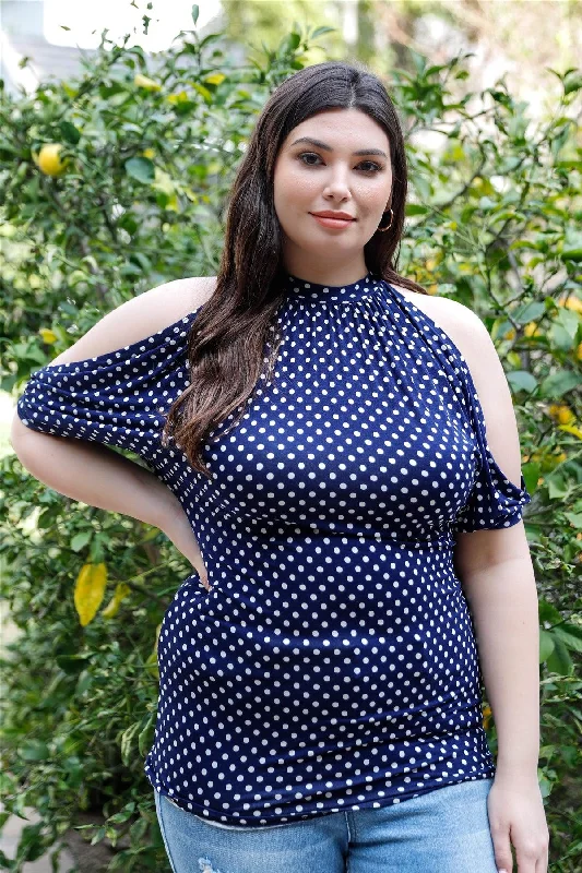 Yoga Short Sleeve TopsJunior Plus Navy & White Polka Dot Cold Shoulder Short Sleeve Back Self-Tie Top /1-2-2