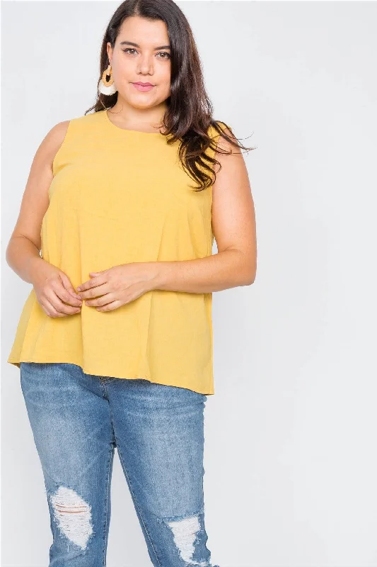 Mesh vestPlus Size Mustard Semi-Sheer Casual Back Button Tank   / 1-2-2-1