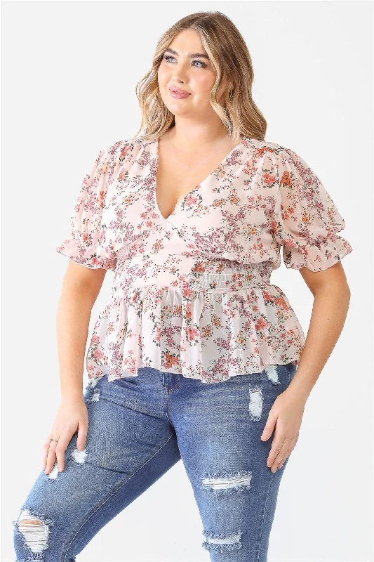 Off-Shoulder Short Sleeve TopsJunior Plus Peach Floral Chiffon Puff Short Sleeve Flare Hem Top /1-1-1