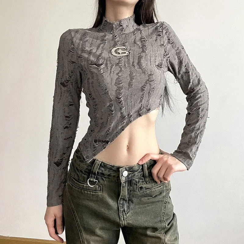 CroptopsmartWomen's Grunge Stand Collar Irregular Hem Long Sleeved Crop Top