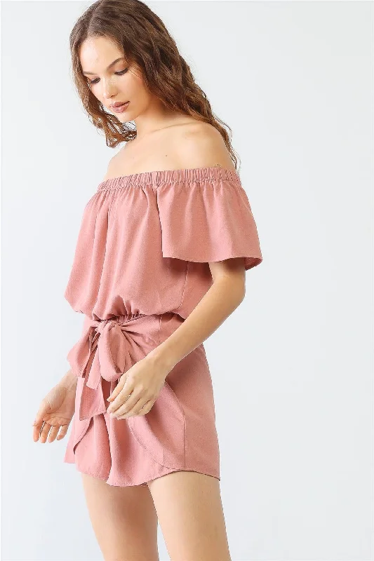 Hunting Short Sleeve TopsDusty Peach Off-The-Shoulder Short Sleeve Front Bow Romper /2-2-2