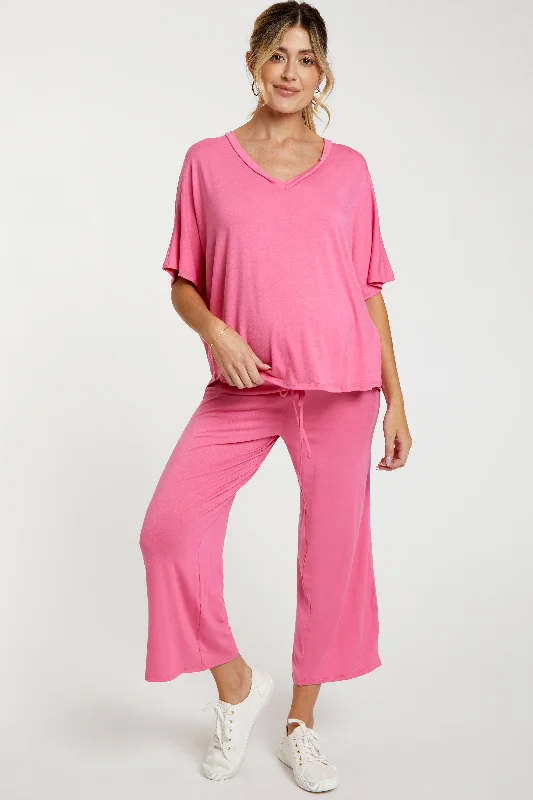 CroptopsleevePink Cropped Pant Maternity Set