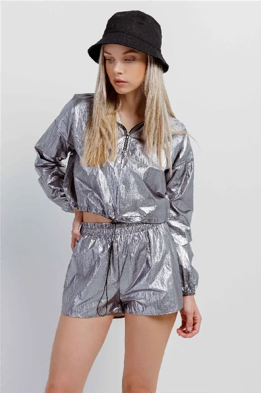 CroptoptrendsetterSilver Metallic Lightweight Drawstring Crop Top & Shorts Set