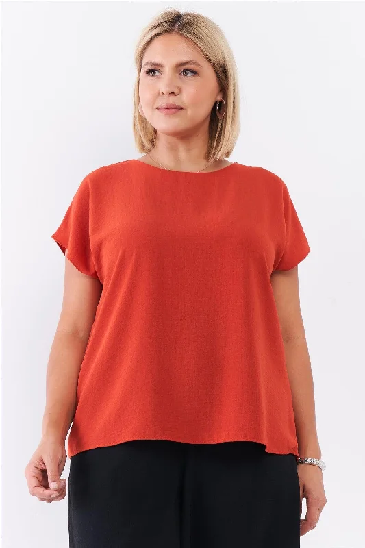 Slim Fit Short Sleeve TopsJunior Plus Tangerine Orange Short Sleeve Loose Fit Top /2-2-1-1