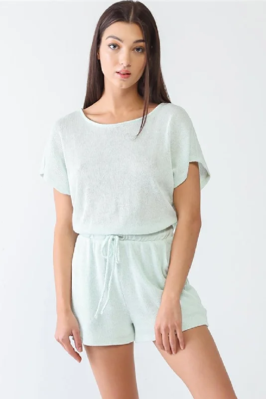 Mesh Short Sleeve TopsMint Knit Two Pocket Short Sleeve Wrap Open Back Romper /2-2-2