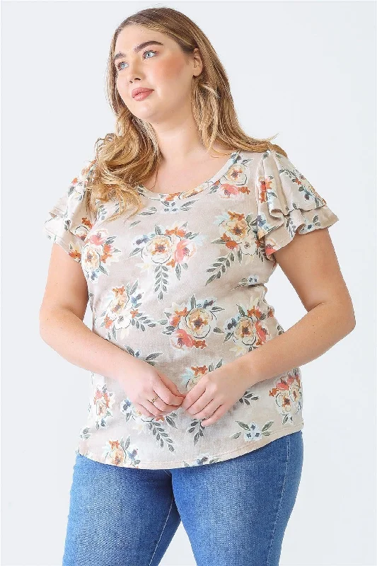 Quick-Dry Short Sleeve TopsJunior Plus Taupe Floral Print Crew Neck Ruffle Short Sleeve Top /1-1-1