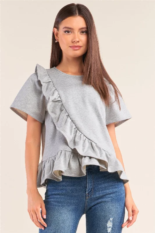 UV-Protection Short Sleeve TopsHeather Grey Short Sleeve Crew Neck Asymmetrical Ruffled Top /3-2