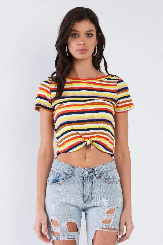 Work Short Sleeve TopsYellow Retro Chic Multi Stripe Front Knot Crop Short Sleeve Top /3-2-1