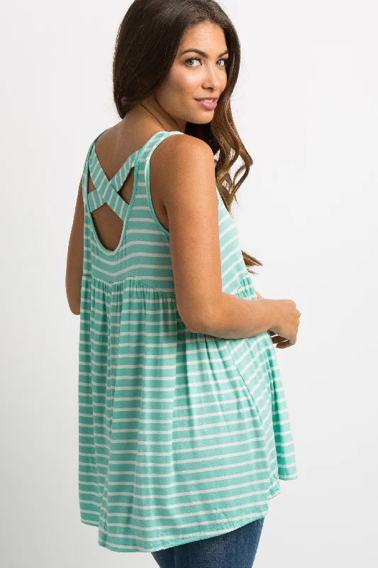 Athletic teeMint Green Striped Crisscross Back Peplum Maternity Tank Top