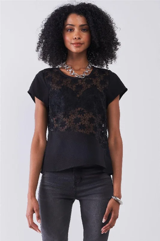 Lounge Short Sleeve TopsBlack Floral Embroidery Round Neck Short Sleeve Sheer Regular Fit Top