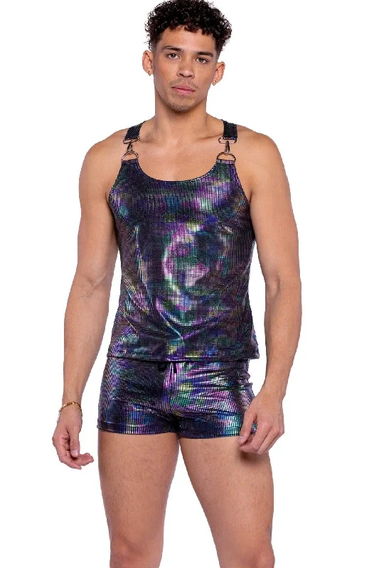 Windproof hoodieRainbow Shimmer Camouflage Tank Top with Buckle Detail