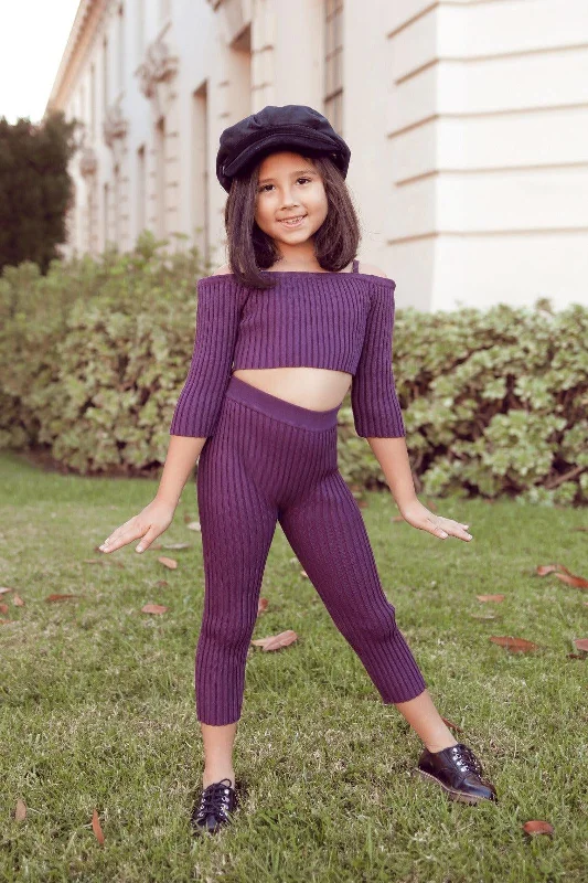 CroptopiconLittle Girls Plum Ribbed Off-The-Shoulder Crop Top Legging Two Piece Set