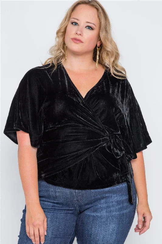 Hunting Short Sleeve TopsJunior Plus Size Black Velvet Short Sleeve Side Tie Top /2-3-1